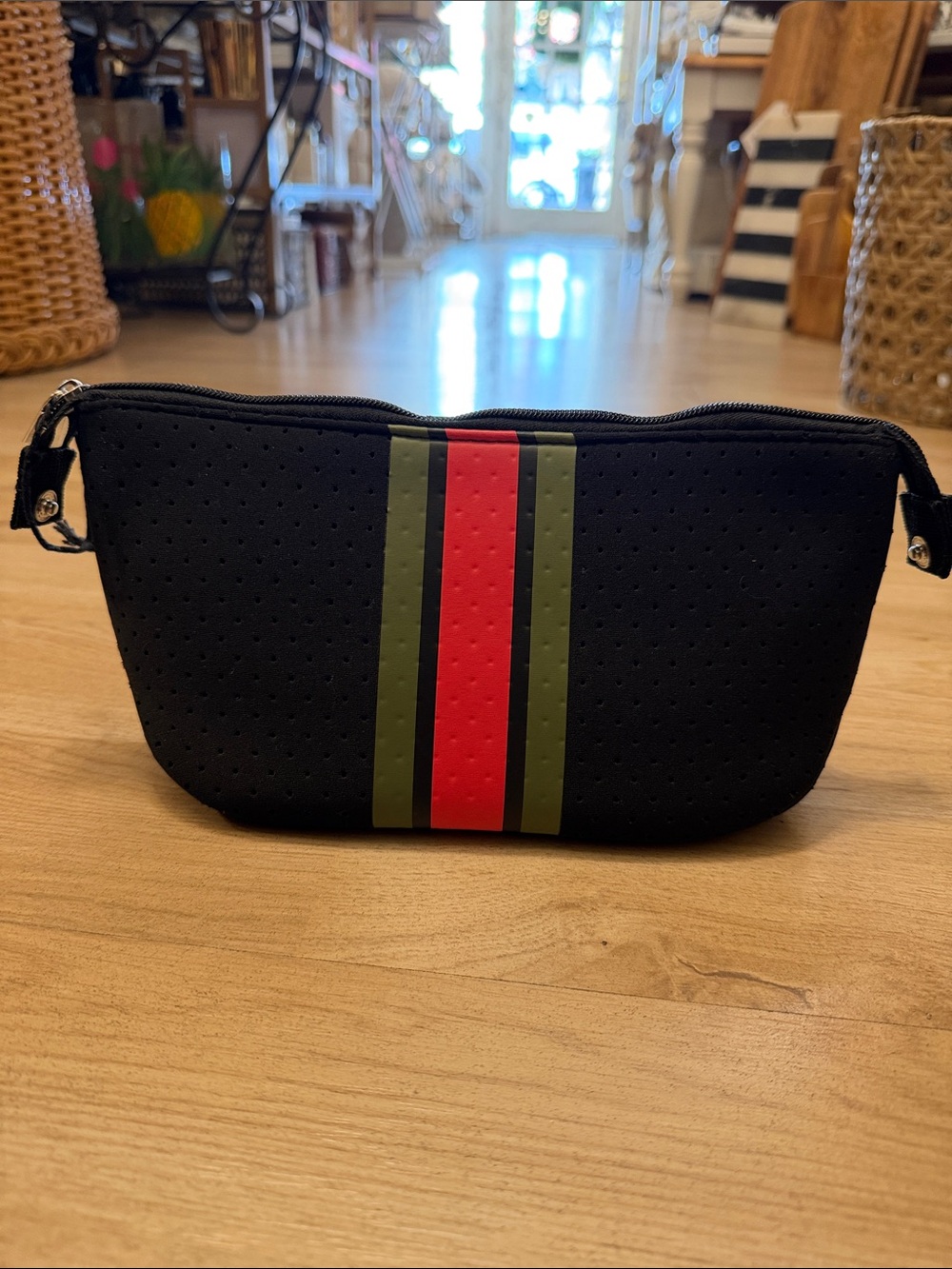 Men's Black Neoprene Travel Pouch with Olive and Red Stripe